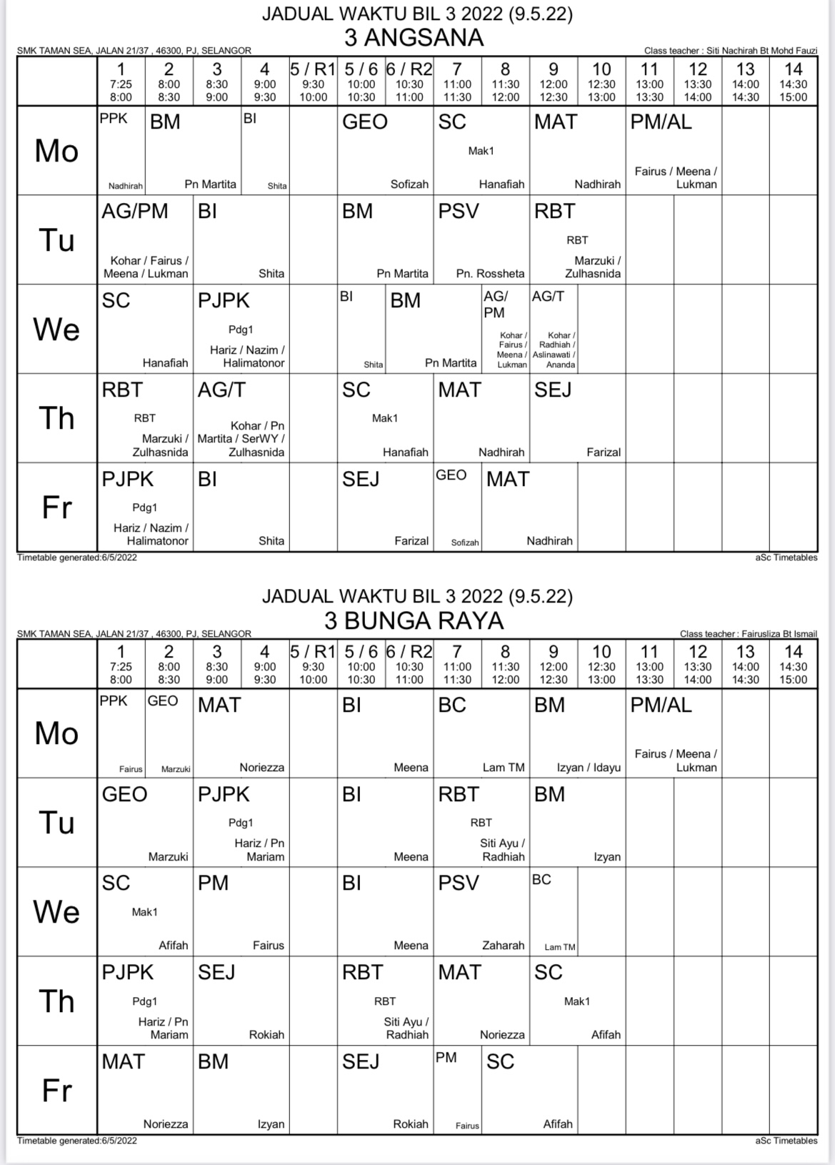 JADUAL WAKTU BIL 3 (MULA 09.05.2022) TINGKATAN 3 SESI 2022/2023 | SMK ...